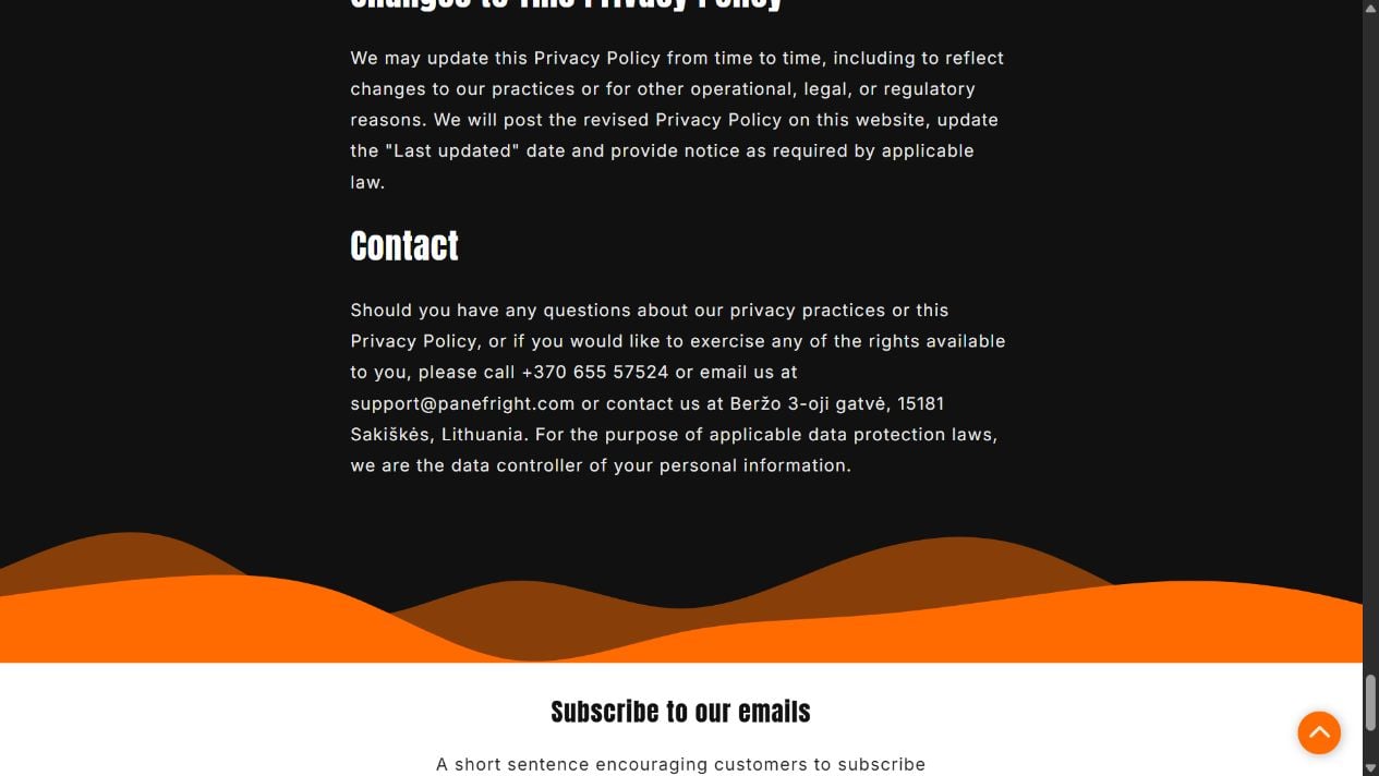 PaneFright privacy policy contact section showing a Lithuanian phone number, support email, and an address without a building number