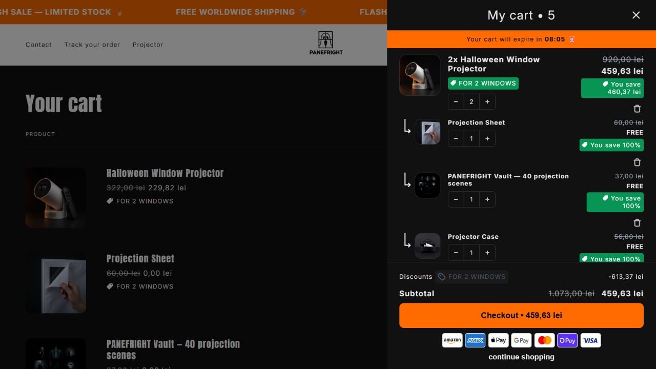 PaneFright cart showing two projectors selected by default with a sheet, scene vault, case, countdown, and 459.63 RON subtotal