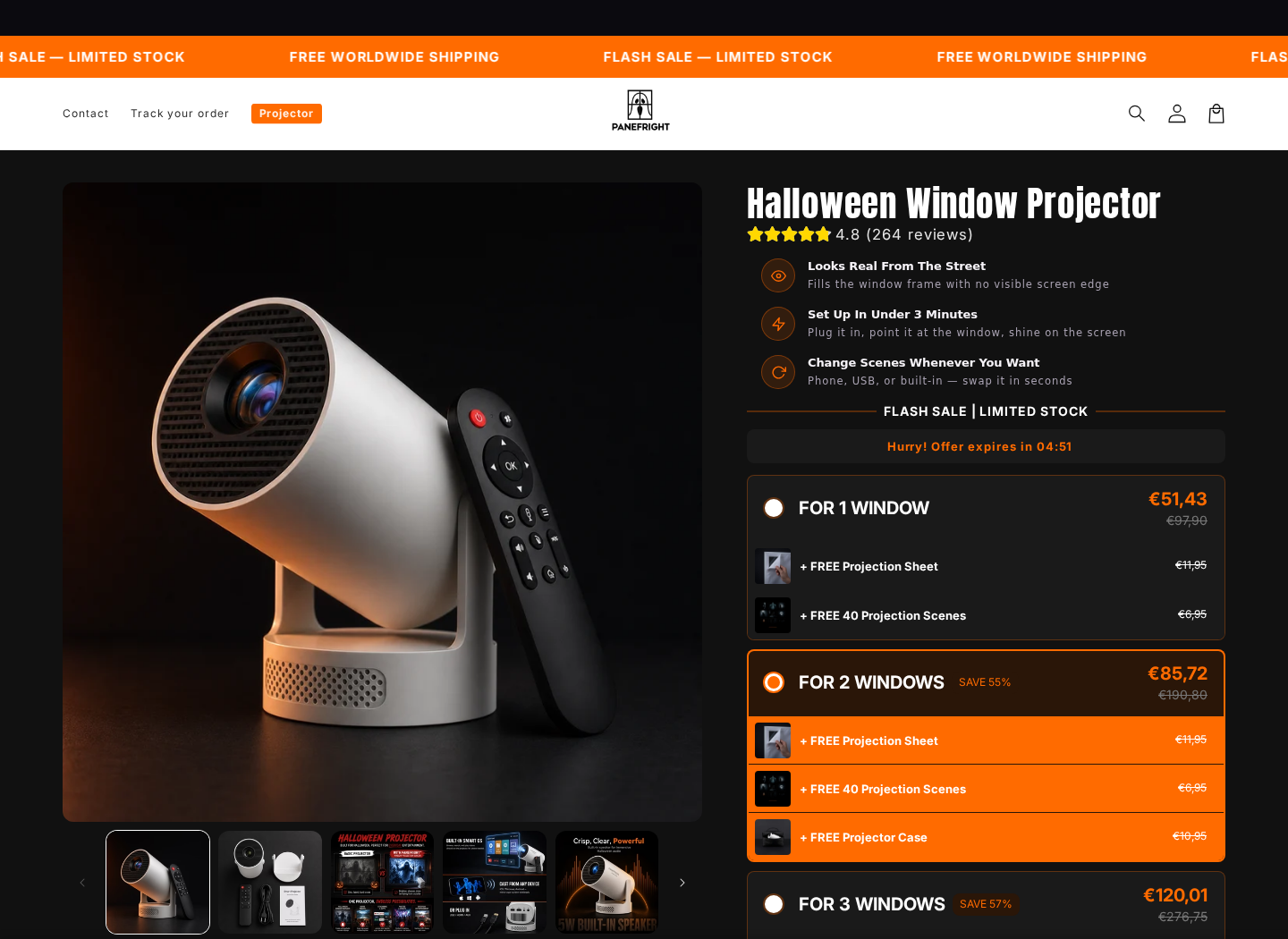 PaneFright Halloween Window Projector page showing the countdown, limited-stock message, reviews, and preselected two-window bundle