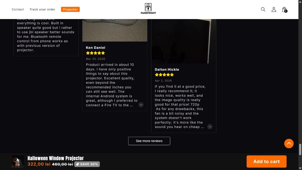 PaneFright reviews dated March and April 2026 discussing Android, Fire TV, 720p quality, and fan noise