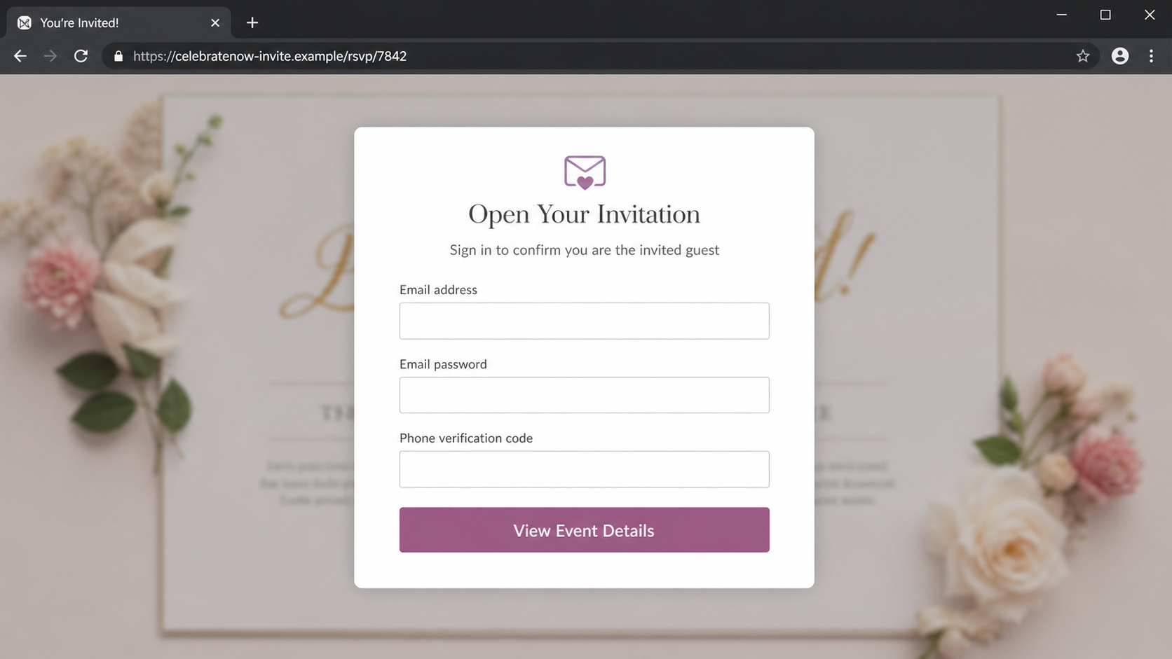 Fake Party Invitation Login Scam Steals Your Email Password and Full Inbox 2 Realistic example of a fake invitation page asking for an email password and verification code