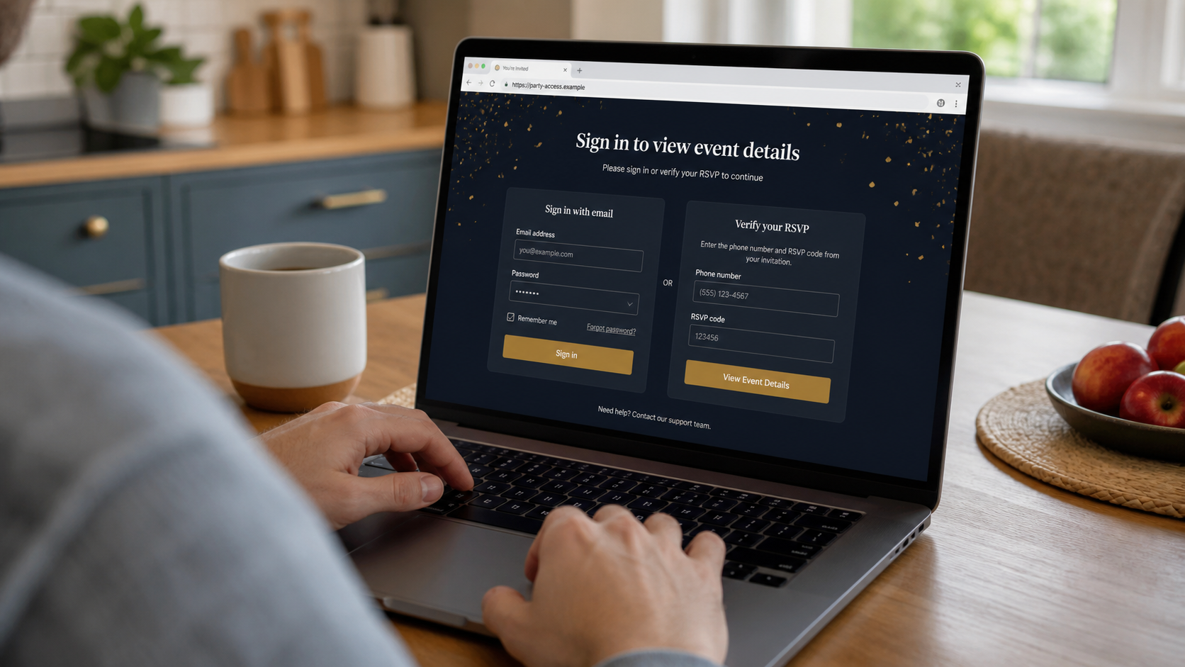 Realistic fake party invitation page asking for an email password or RSVP verification code