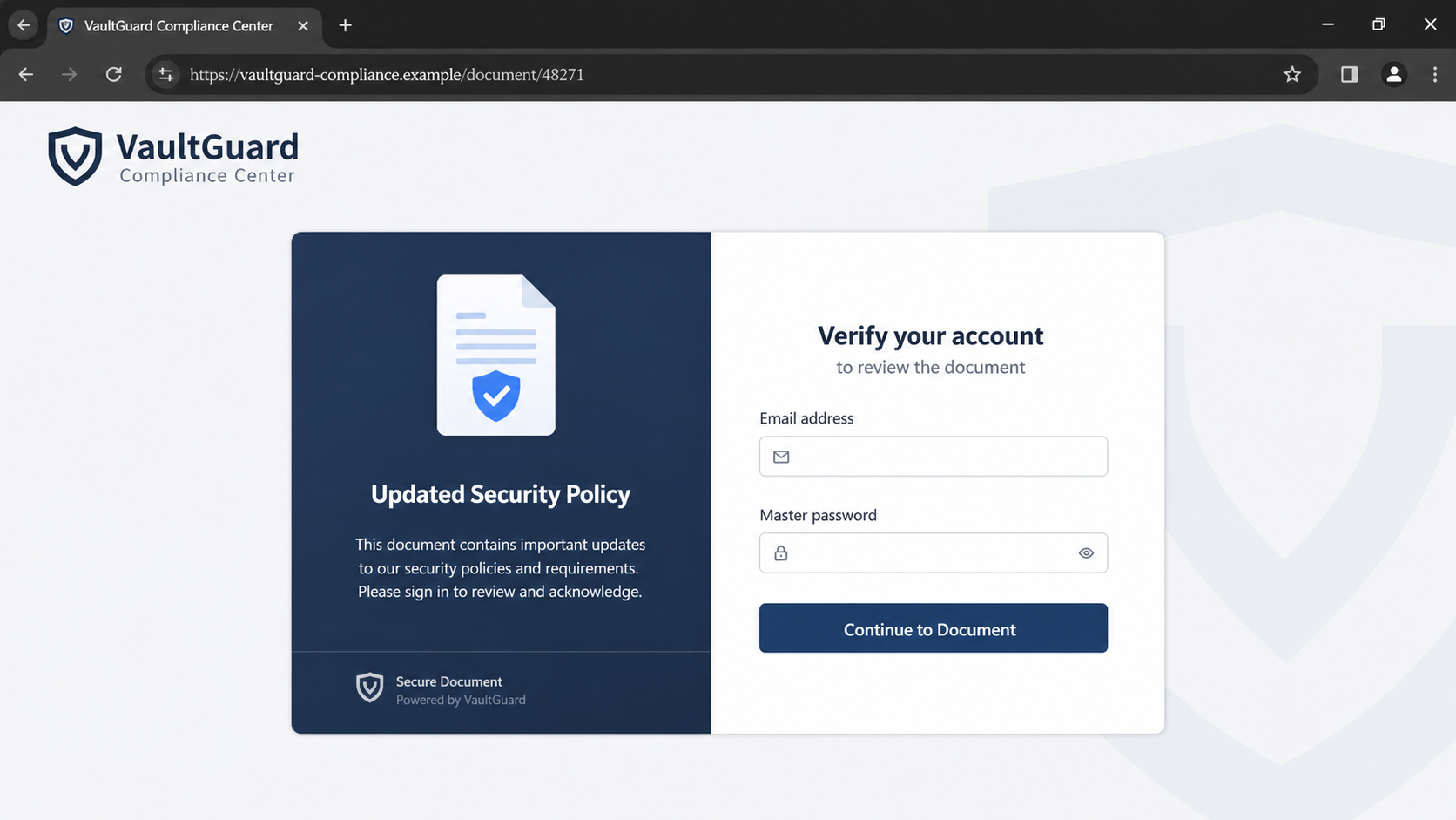 Fake Password Manager Security Update Leads to DocuSign Credential Theft 2 Realistic example of a password manager compliance phishing page asking for a master password