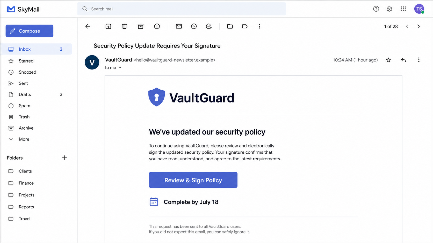 Fake Password Manager Security Update Leads to DocuSign Credential Theft 1 Realistic example of a fake password manager security policy email requesting an electronic signature