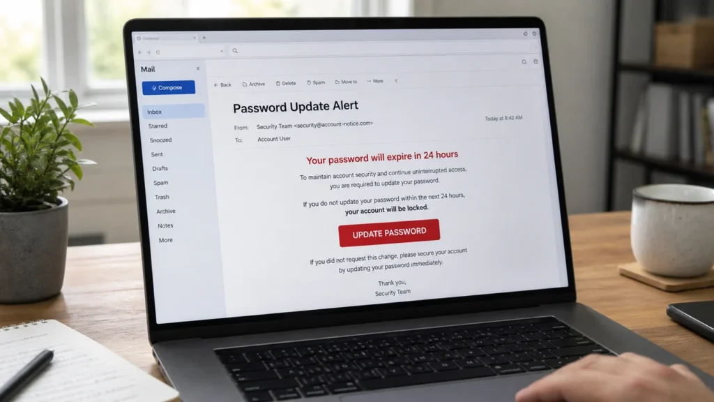 Realistic illustration of a Password Update Alert phishing email on a laptop