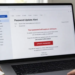 Realistic illustration of a Password Update Alert phishing email on a laptop