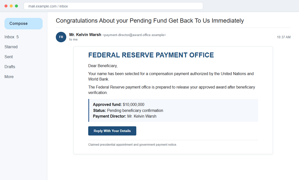 Payment Order Award Email Scam Promises a Fake $10 Million Compensation 1 Reconstruction of a fake Federal Reserve Payment Order Award email promising $10 million
