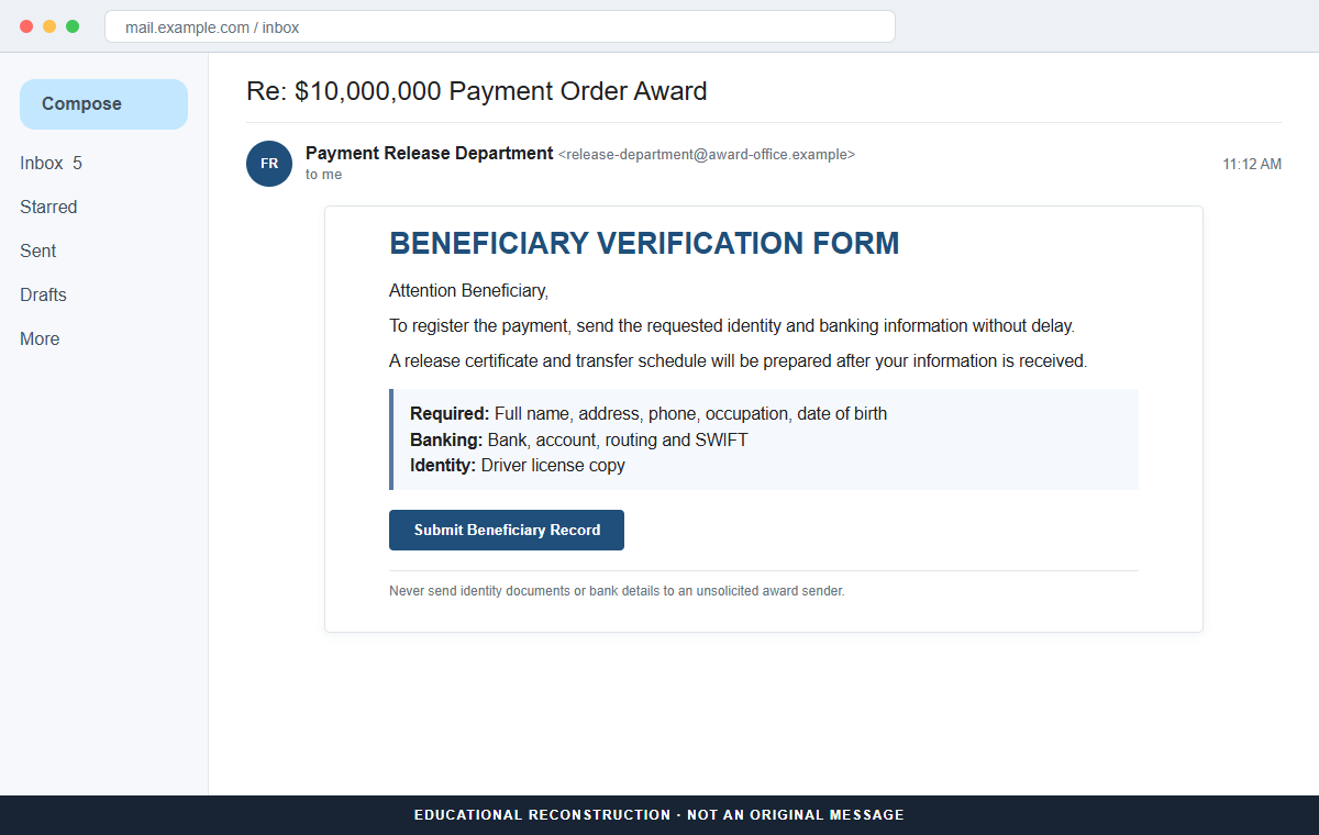 Payment Order Award Email Scam Promises a Fake $10 Million Compensation 2 Reconstruction of a follow-up award email requesting identity documents and bank account details