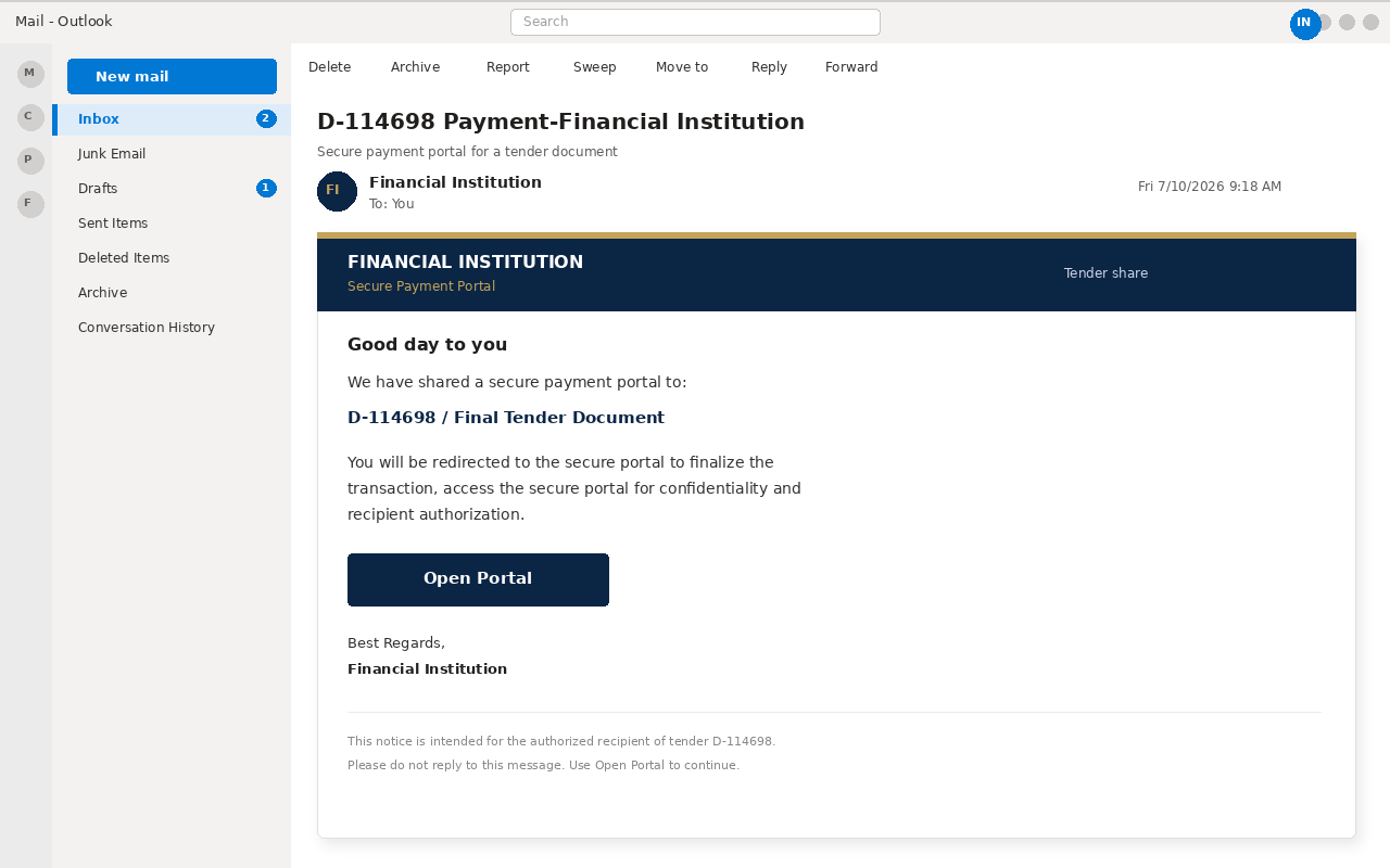 Outlook view of a financial institution payment portal email with an Open Portal button