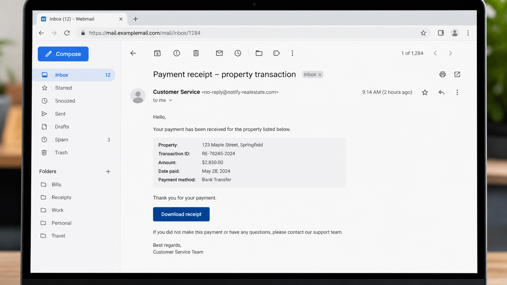 Suspicious property payment receipt message with a download control
