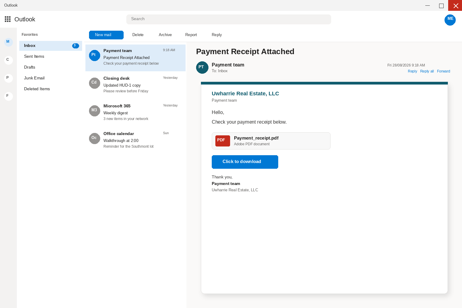 Payment Receipt Attached email with a button labeled Click to download
