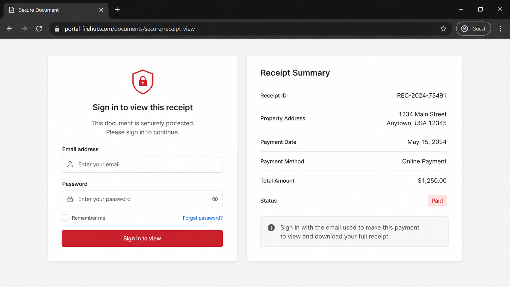 Counterfeit receipt portal asking for email credentials