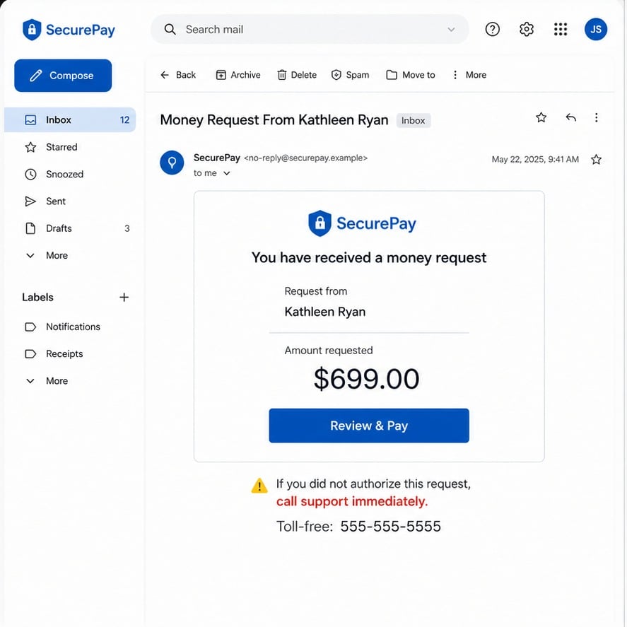 Kathleen Ryan PayPal Scam: Real Money Request Emails and Fake Support Calls 1 Payment-service email showing a $699 money request in the name Kathleen Ryan