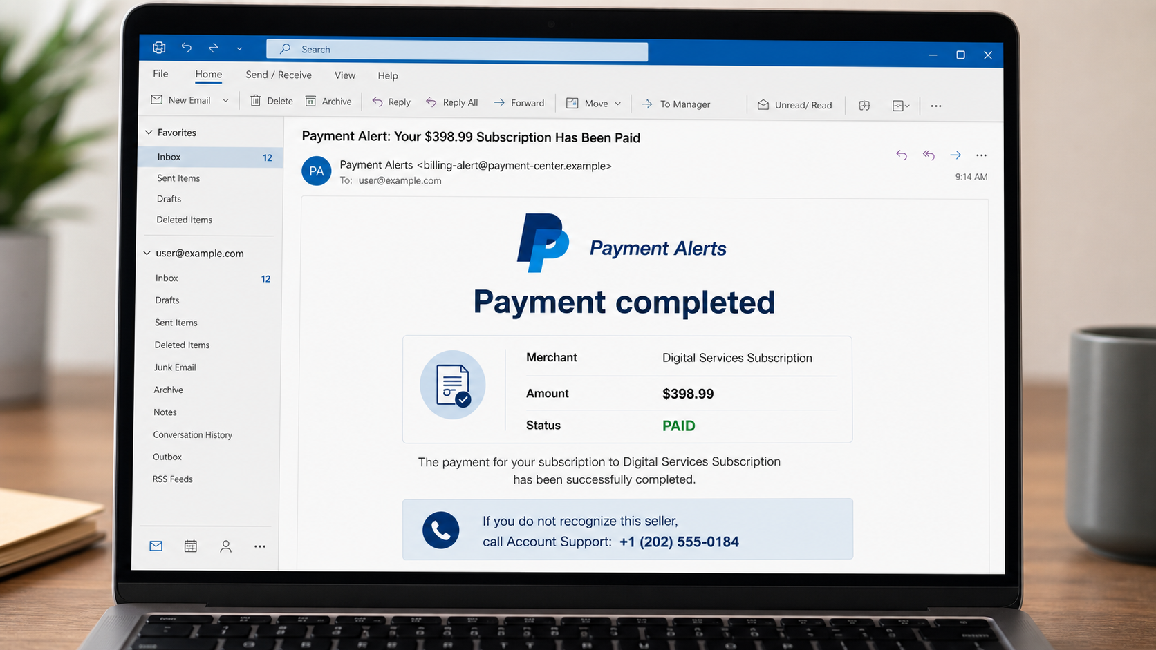 Example of a fake PayPal $398.99 Payment Alert email