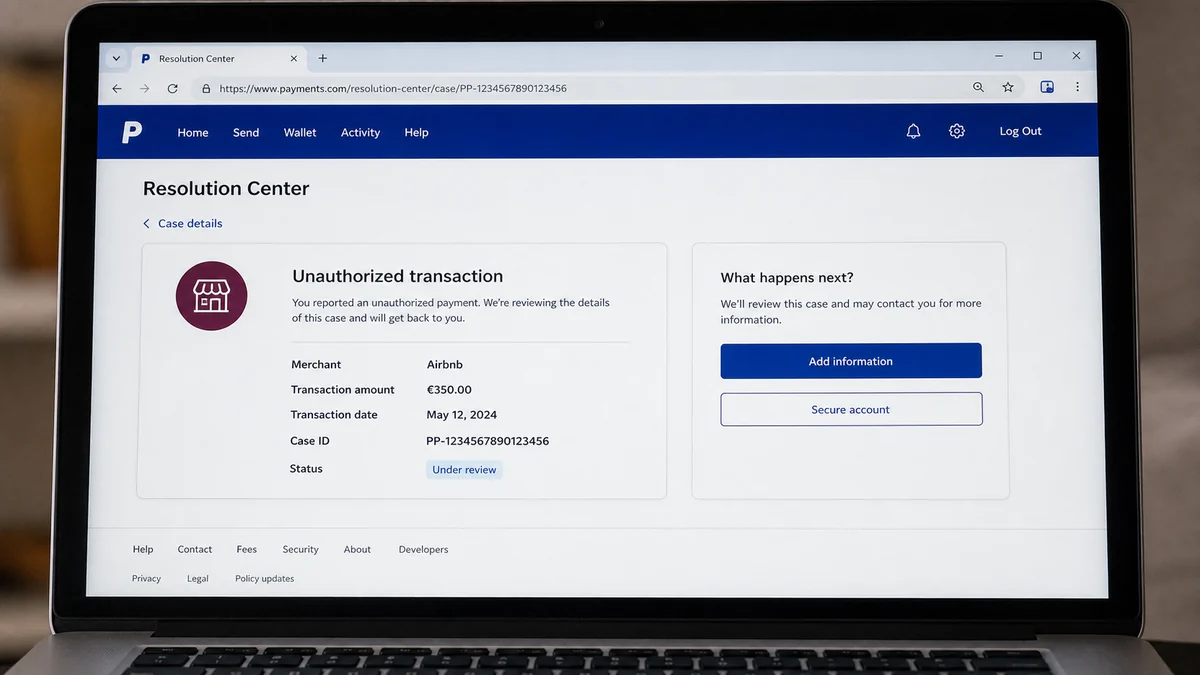 PayPal Airbnb Charge Appears After an Account Takeover 2 Realistic reconstruction of a PayPal Resolution Center case for an unauthorized €350 Airbnb transaction