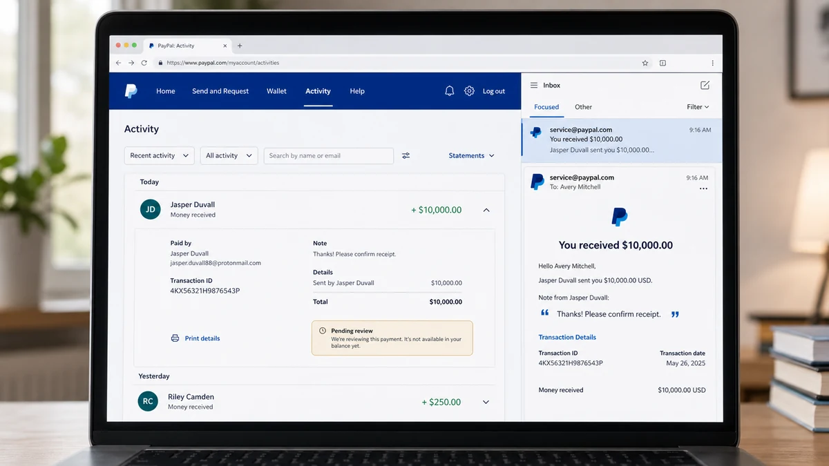 Realistic reconstruction of a PayPal account and email showing an unexpected $10,000 payment under review