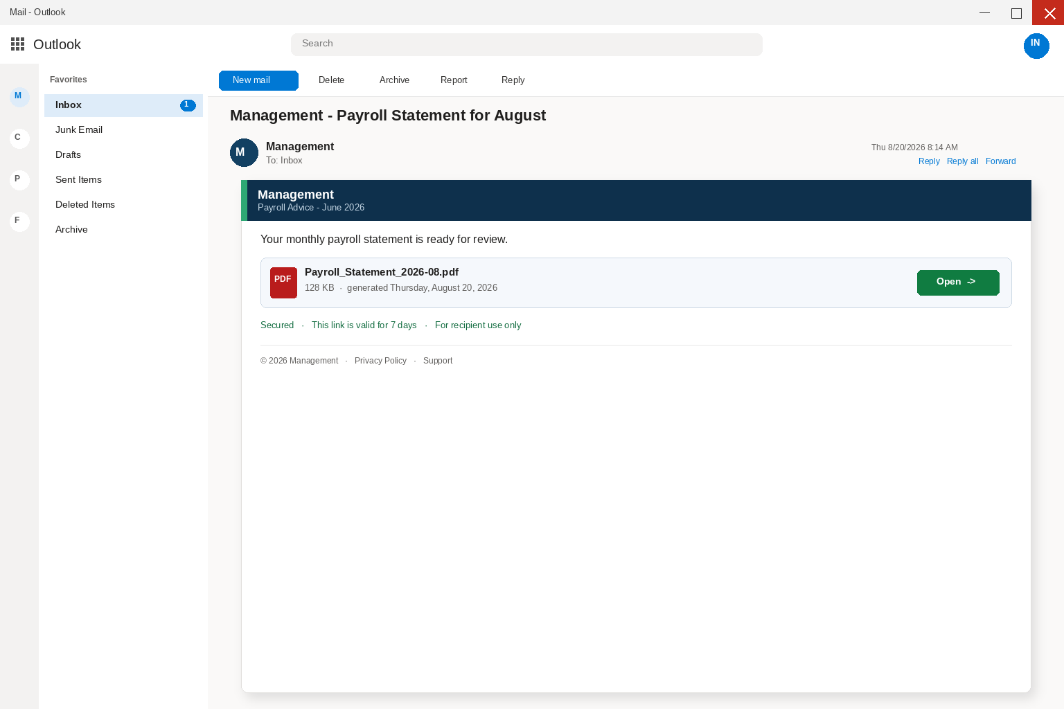Payroll Statement Email EXPOSED: Fake Pay Stubs Steal Logins 1 Outlook view of a Management payroll statement email with an Open control for Payroll_Statement_2026-08.pdf