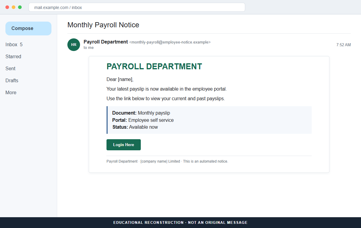 Reconstruction of a fake monthly payroll notice saying an employee payslip is available