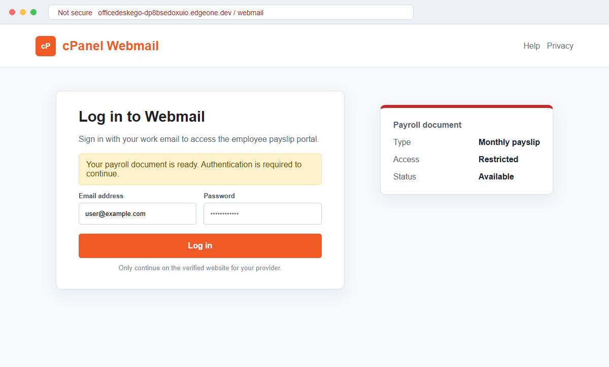 Reconstruction of a fake cPanel Webmail login page used to steal an employee's email password