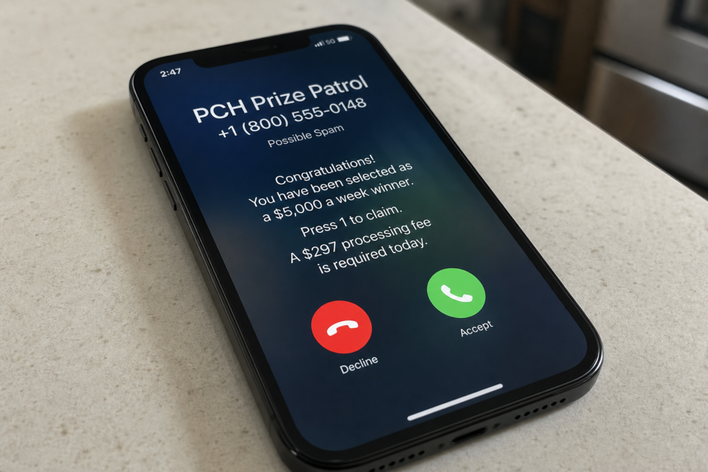 Incoming call mockup spoofing a PCH Prize Patrol prize claim.