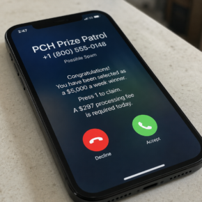 Incoming call mockup spoofing a PCH Prize Patrol prize claim.
