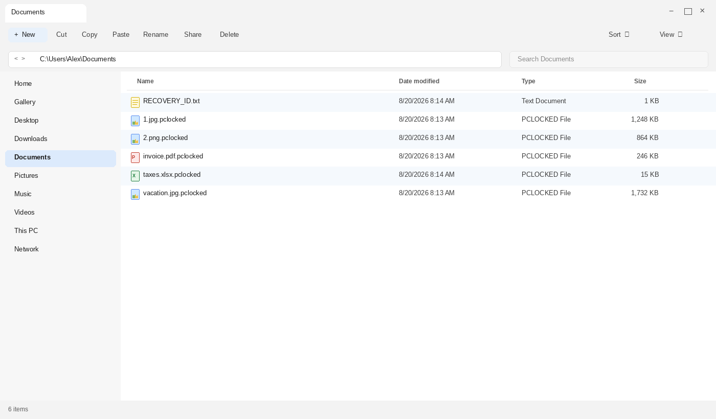 Encrypted files after PCLocked. The .pclocked names and RECOVERY_ID.txt are the tell.