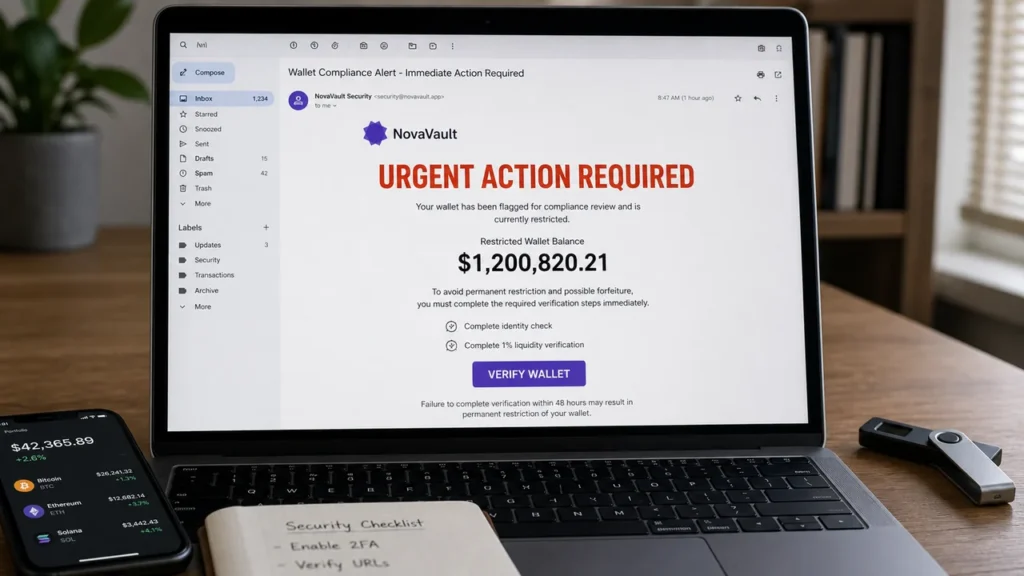 Realistic illustration of a fake cryptocurrency wallet compliance email claiming a $1.2 million balance
