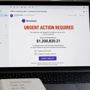 Realistic illustration of a fake cryptocurrency wallet compliance email claiming a $1.2 million balance