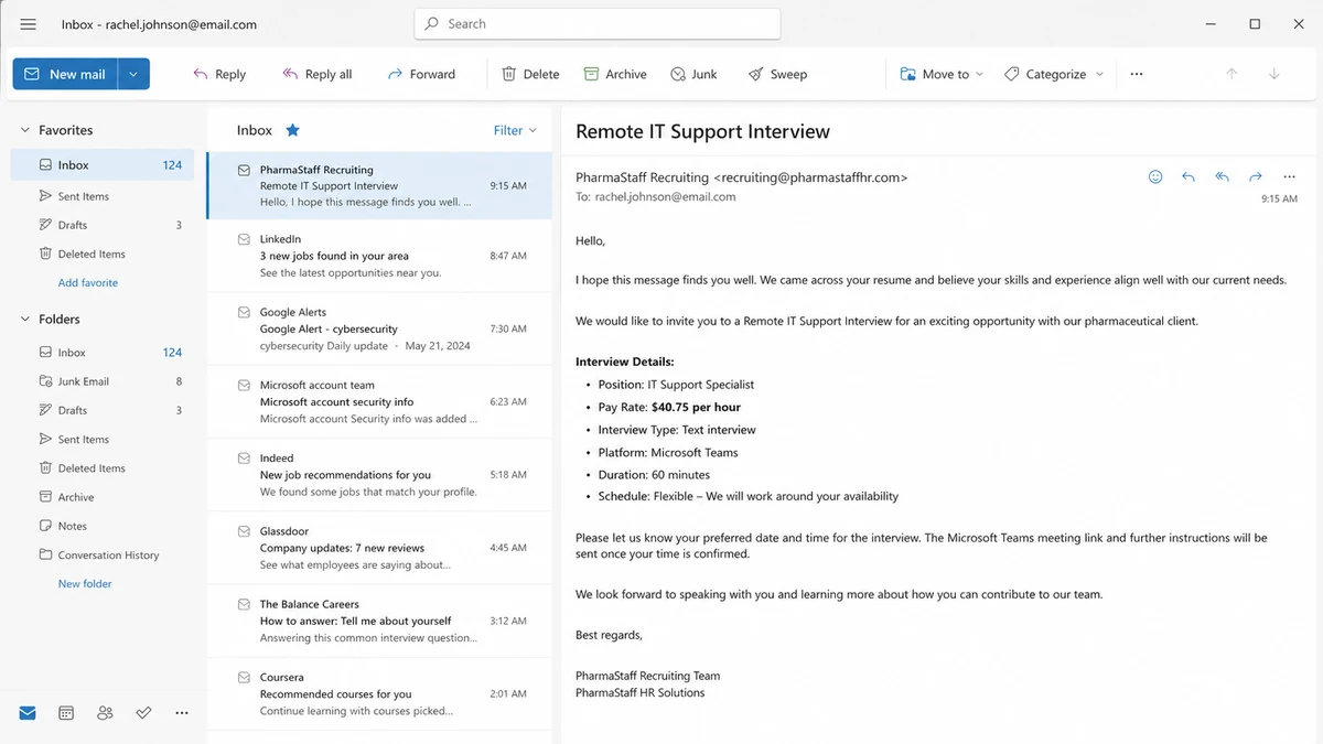 Realistic reconstruction of a fake pharmaceutical recruiter email offering a remote IT support interview at unusually high pay