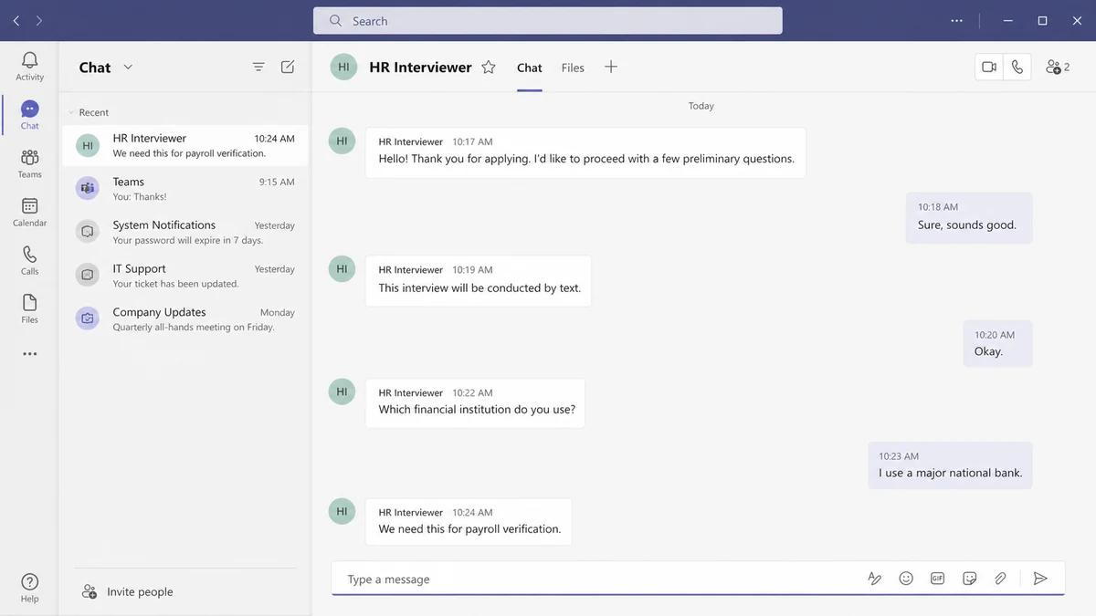 Realistic reconstruction of a text-only interview in Microsoft Teams where a fake recruiter asks which bank the applicant uses