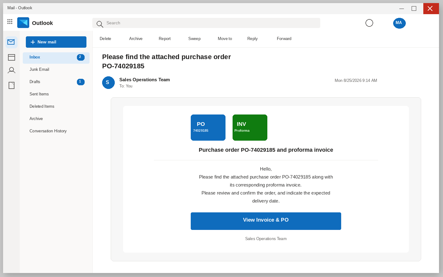 Outlook view of a Sales Operations purchase order and proforma invoice email with a View Invoice and PO button