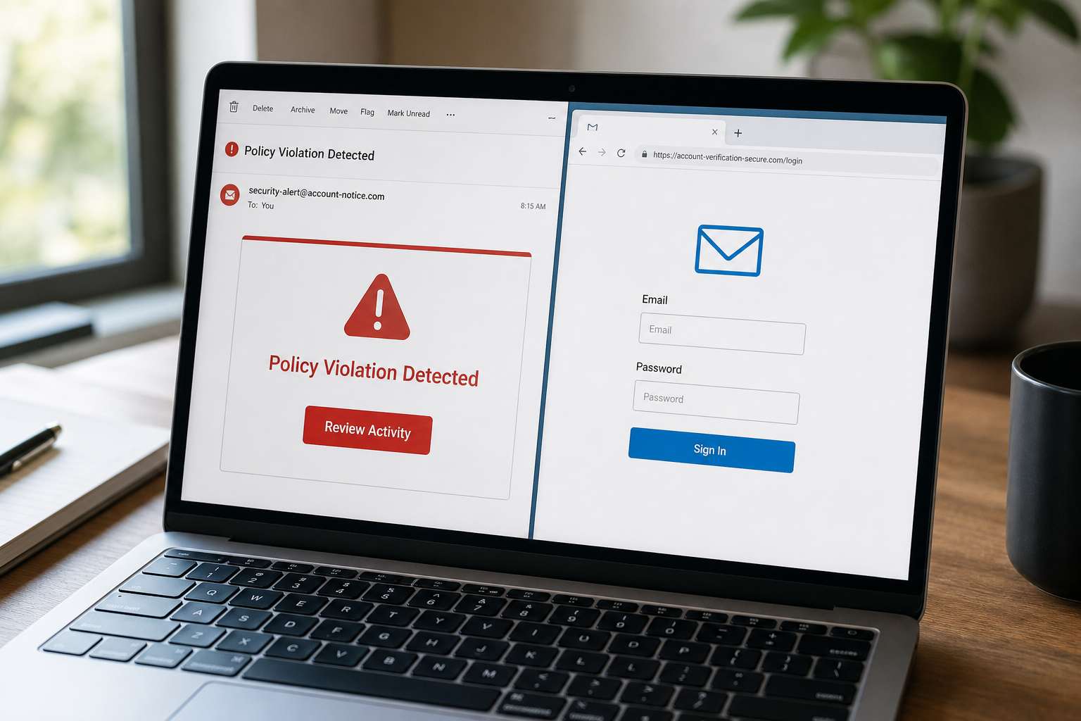 Policy Violation Detected Email Scam: How the Fake Warning Steals Your Password 1 Policy Violation Detected phishing email leading to a counterfeit webmail login page