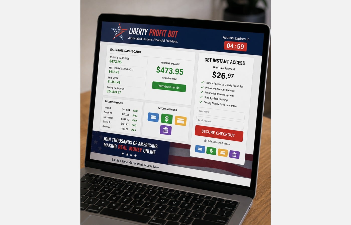Editorial reconstruction of a fake daily payout bot dashboard and checkout