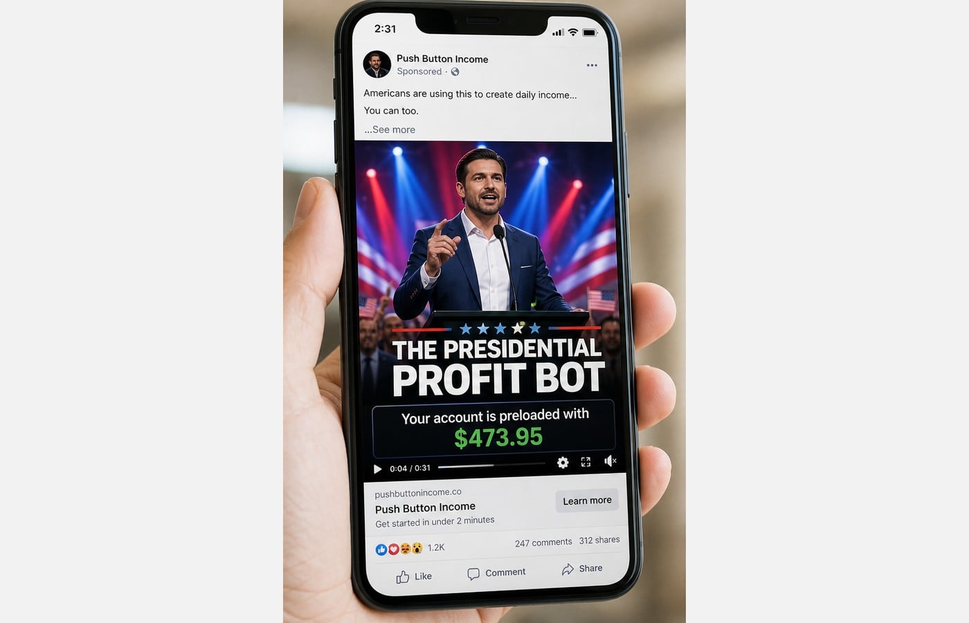 Editorial reconstruction of a presidential AI money bot social advertisement