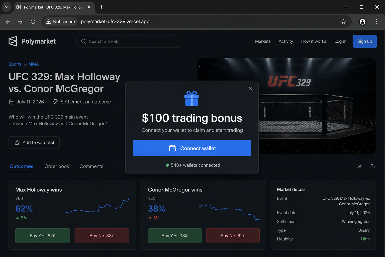 Reconstruction of the fake Polymarket $100 trading bonus page
