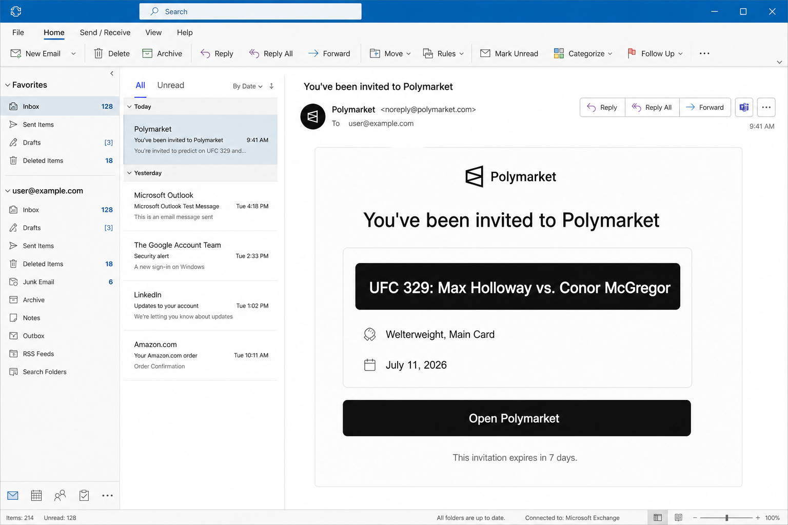 Reconstruction of the fake Polymarket UFC 329 invitation email
