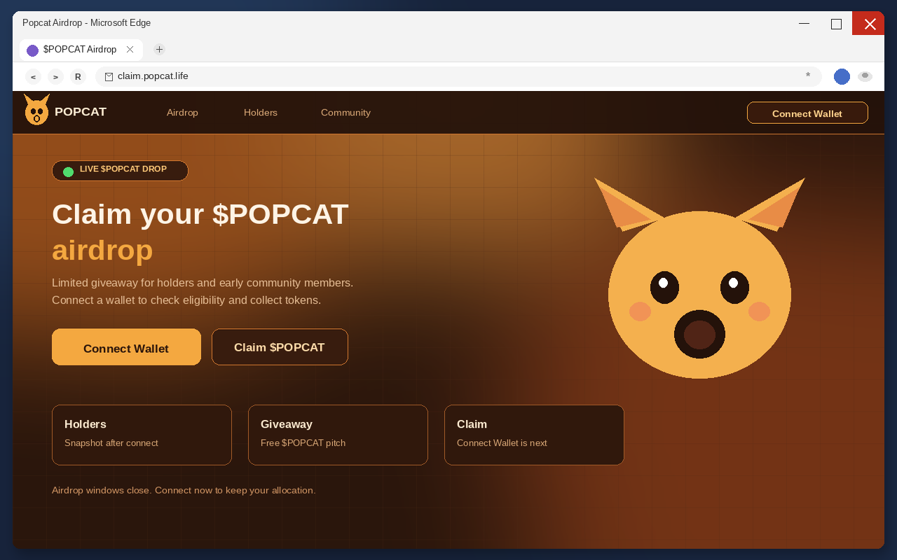 Fake $POPCAT airdrop claim page with Connect Wallet