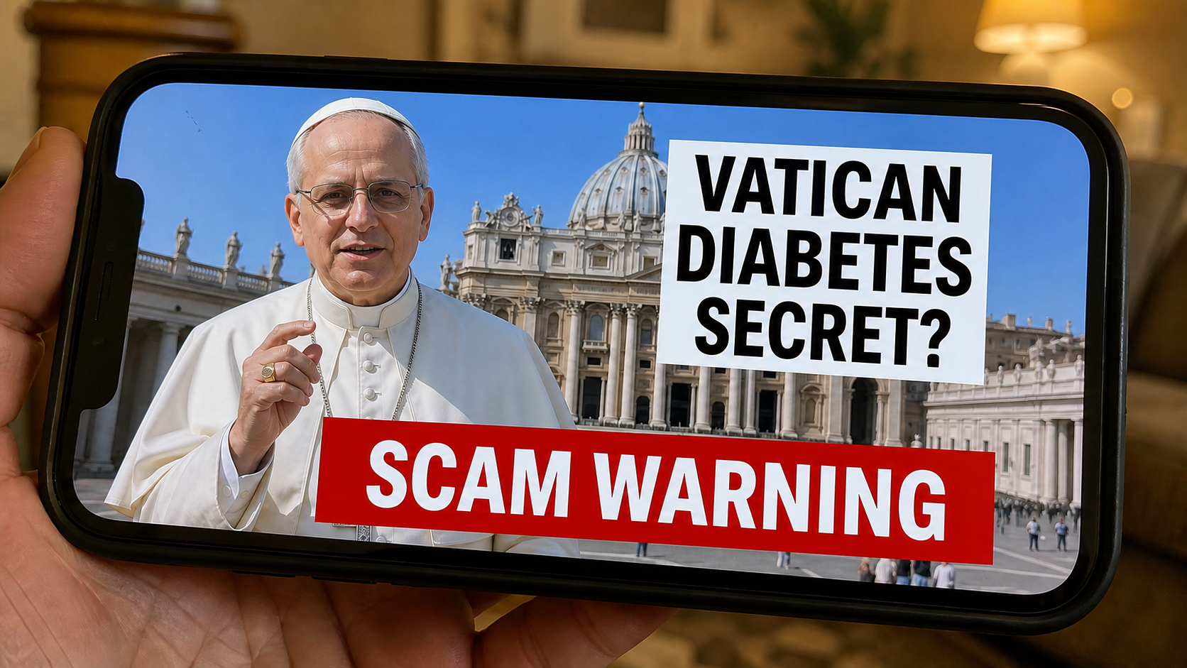 Pope Leo Vatican Diabetes Cure Exposed: Fake or Real? Full Investigation 1 Scam warning illustration of a fake Pope Leo Vatican diabetes cure social media advertisement