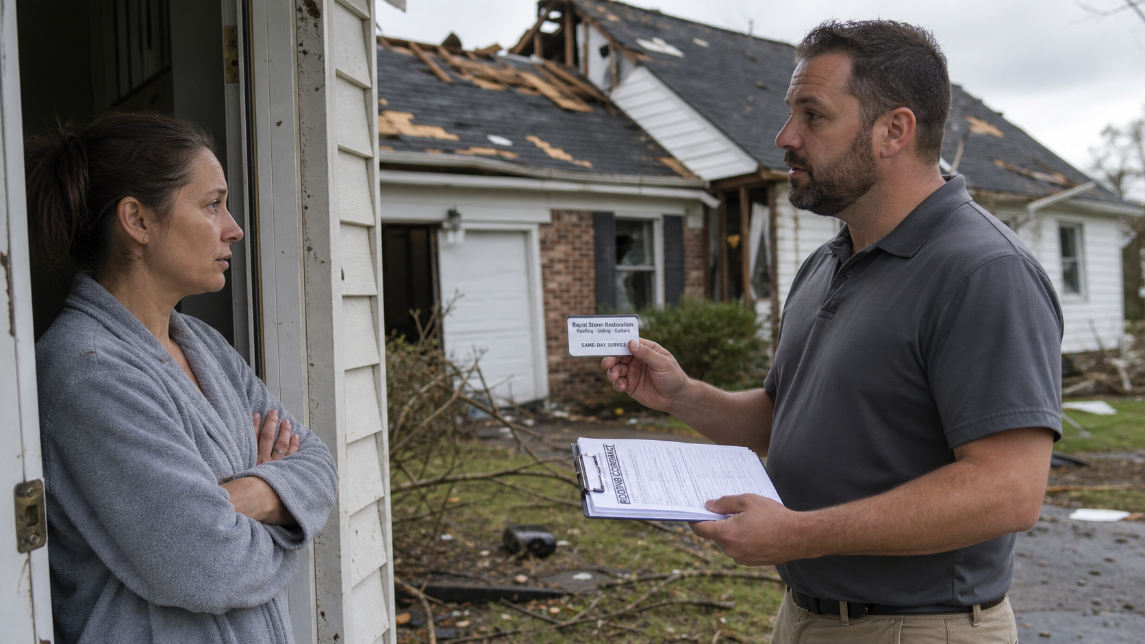Post-Hurricane Roof Repair Scam Takes Upfront Payments and Insurance Checks 1 Realistic unsolicited contractor approaching a homeowner after hurricane roof damage