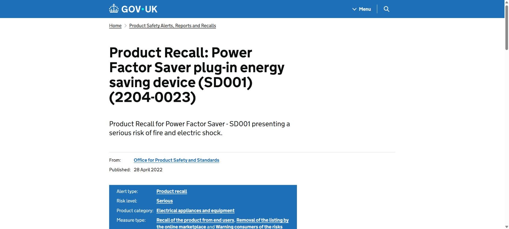 GOV.UK recall notice for a plug-in power factor saver presenting serious fire and electric shock risks