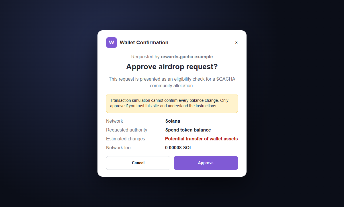 PowerGacha $GACHA Airdrop Scam Can Silently Drain Your Entire Crypto Wallet 2 Reconstruction of a dangerous wallet approval presented as a GACHA airdrop claim