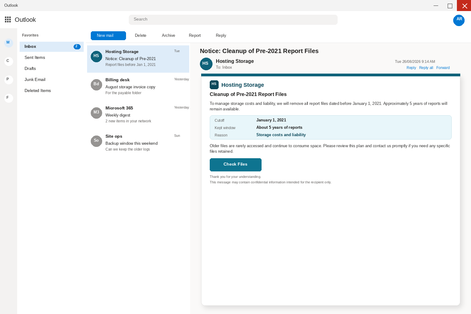 Pre-2021 Report Files Email EXPOSED: Fake Hosting Cleanup Steals Logins 1 Outlook view of a Notice Cleanup of Pre-2021 Report Files email with a Check Files button