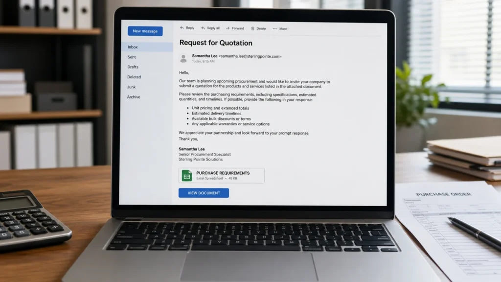 Realistic illustration of a fake price quotation request email on a business laptop