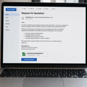 Realistic illustration of a fake price quotation request email on a business laptop