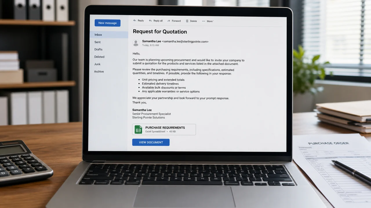 Realistic illustration of a fake price quotation request email on a business laptop