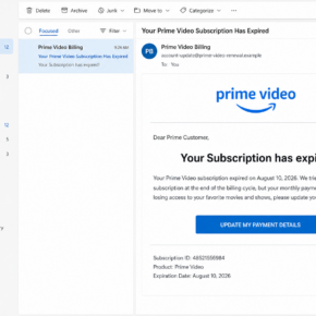Realistic example of the Prime Video Subscription Expired phishing email