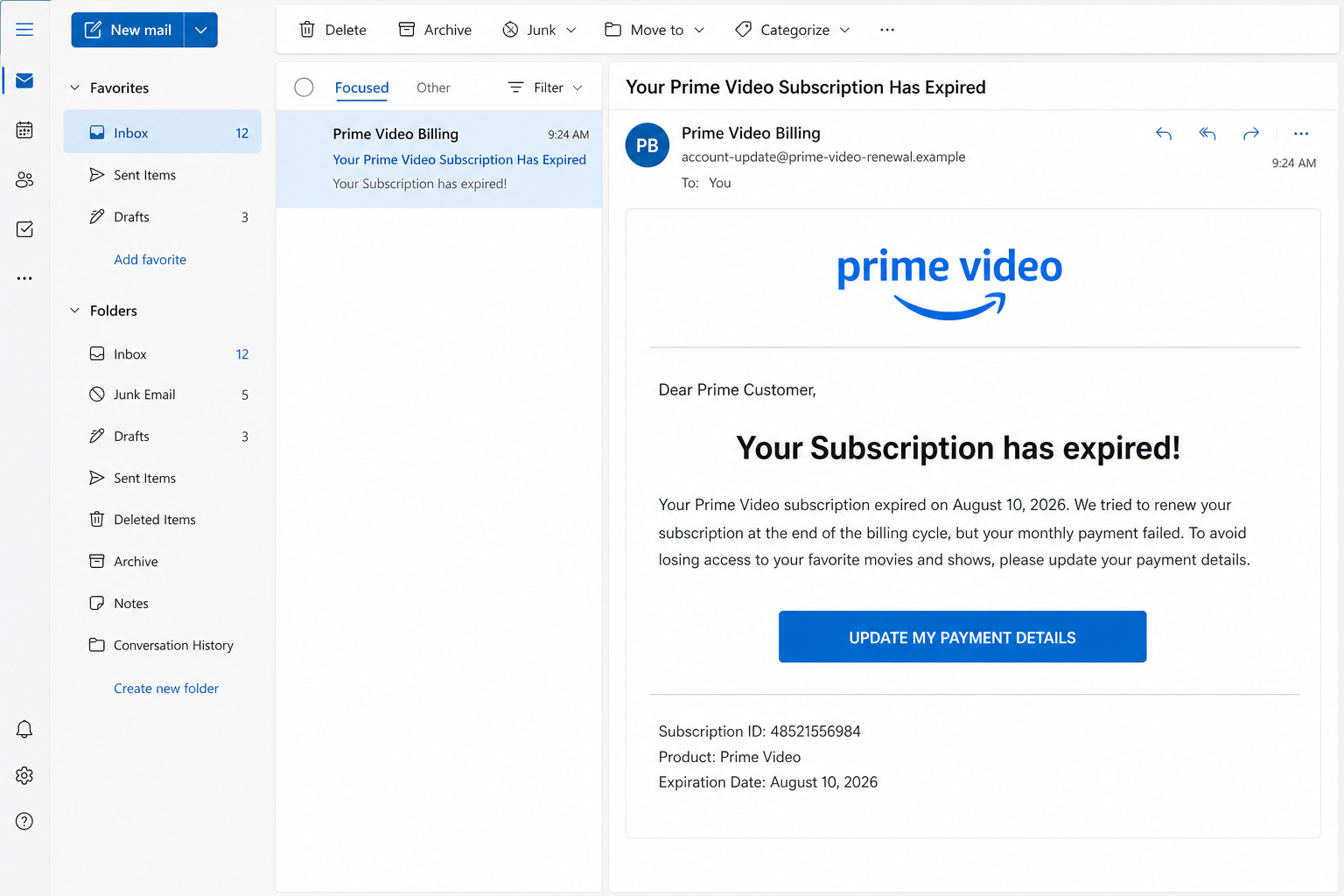 Prime Video Subscription Expired Email Scam: Do Not Update Your Payment 1 Realistic example of the Prime Video Subscription Expired phishing email