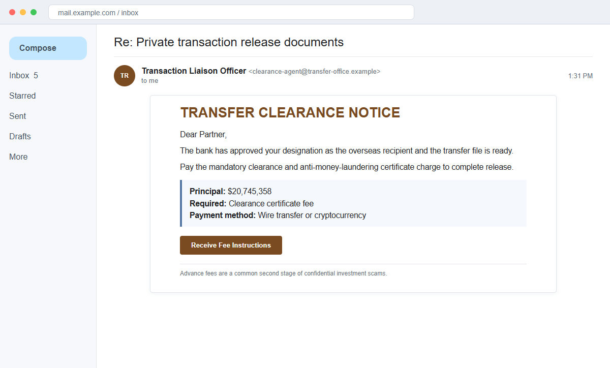 Private Financial Transaction Email Scam Offers a Fake $20 Million Deal 2 Reconstruction of a follow-up email demanding a clearance fee for a fake $20.7 million transfer