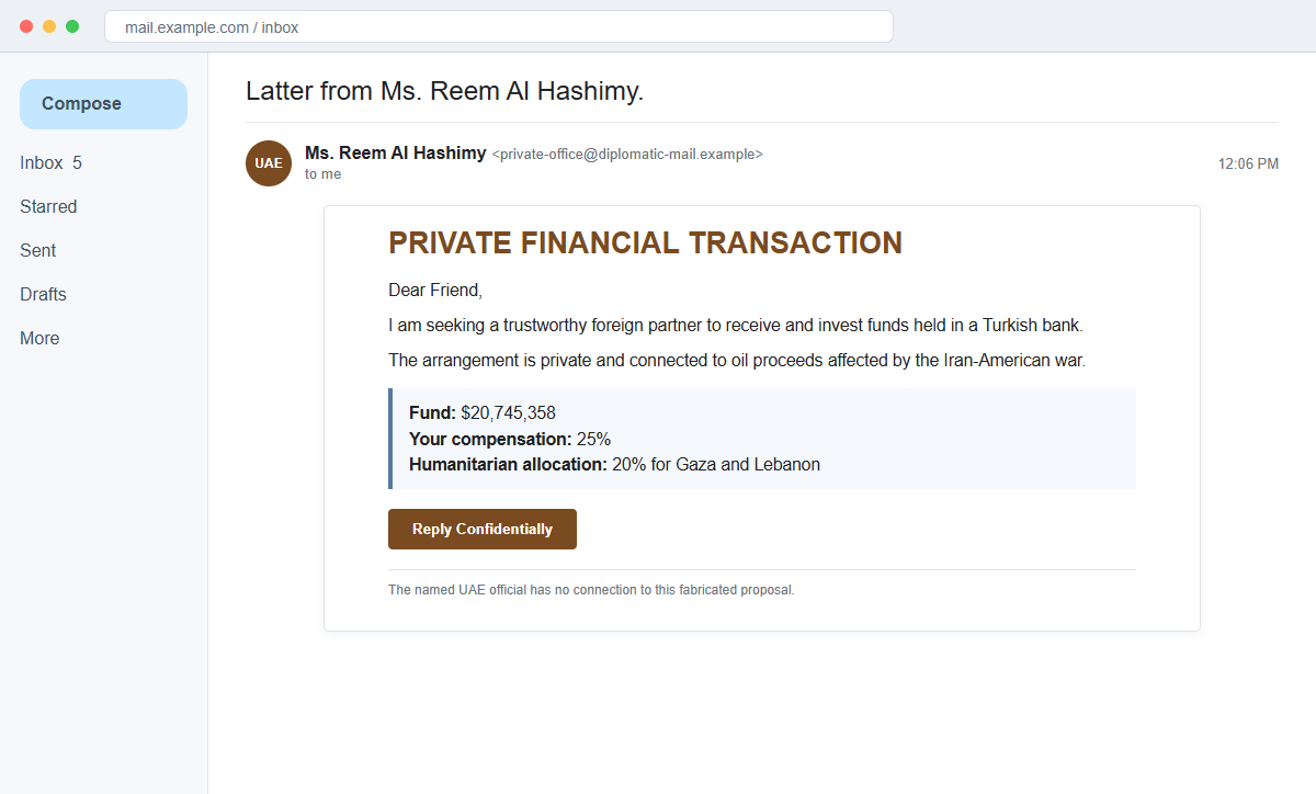 Private Financial Transaction Email Scam Offers a Fake $20 Million Deal 1 Reconstruction of a private financial transaction email impersonating UAE minister Reem Al Hashimy