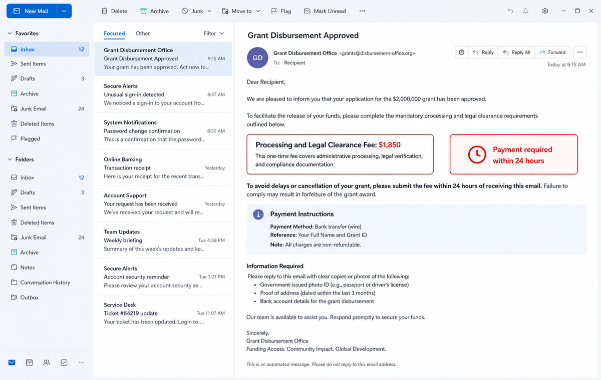 Private Worldwide Philanthropic Program Scam Promises a Fake $2M Grant 2 Realistic reconstruction of a follow-up demanding an advance grant processing fee